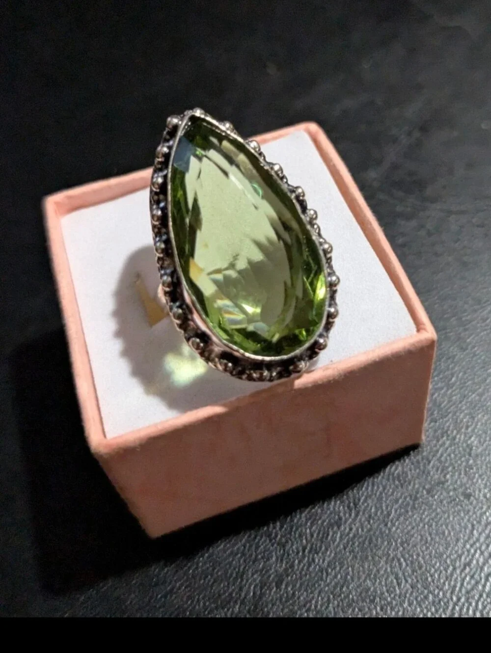 Handcrafted Green Amethyst Oversized Faceted Teardrop Ring  (7)